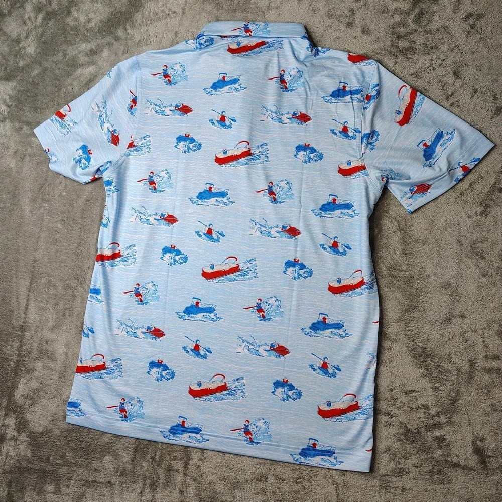 Waggle Lake Life Polo Shirt Mens 2XL Light Blue Boat Print Performance Stretch - Picture 6 of 11